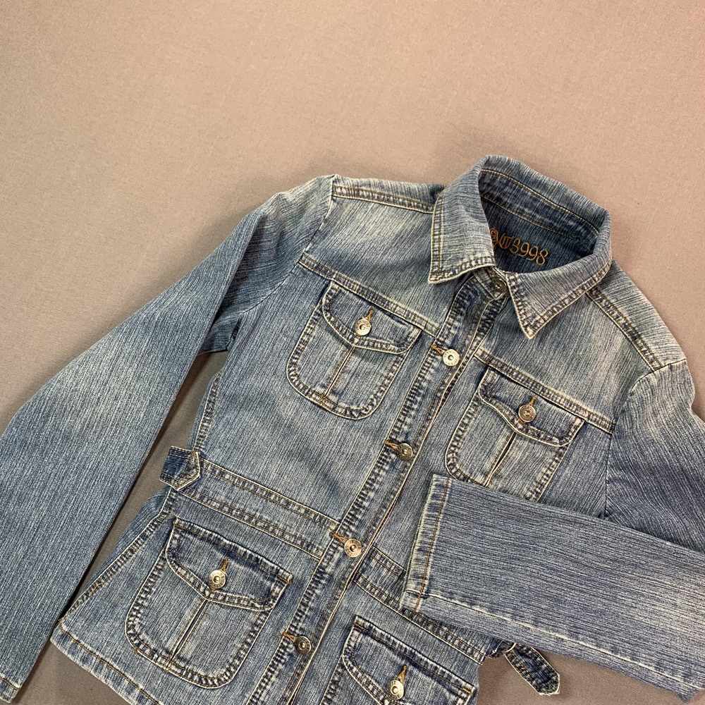 Denim Jacket Womens‎ Medium Blue Western Belted Button Pockets Stretch AW3998